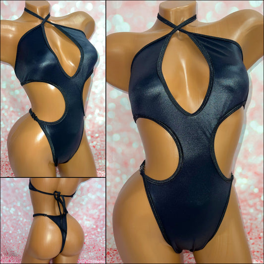 Black Wet Look Cut Out One Piece