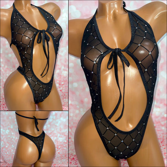 Glitter Diamond Mesh Tie Front Bodysuit