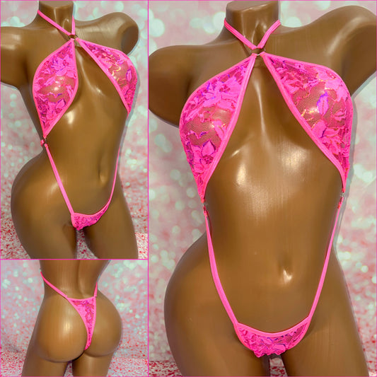 Neon Pink Lace Choker Slingshot