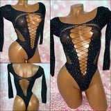 Criss Cross Rhinestone Mesh Bodysuit