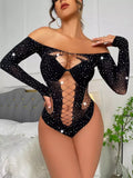 Criss Cross Rhinestone Mesh Bodysuit