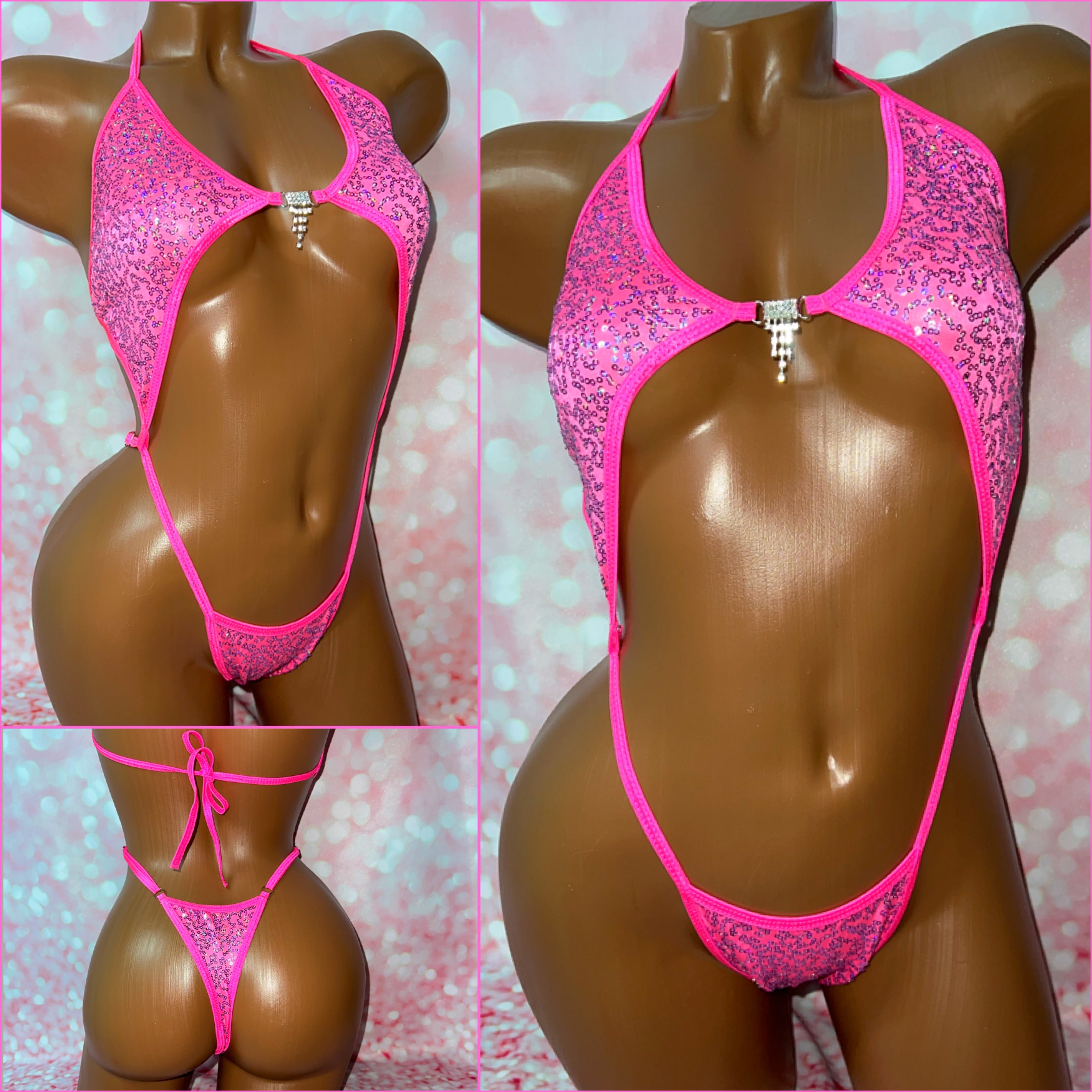 Neon Pink Sequin Diamond Bikini