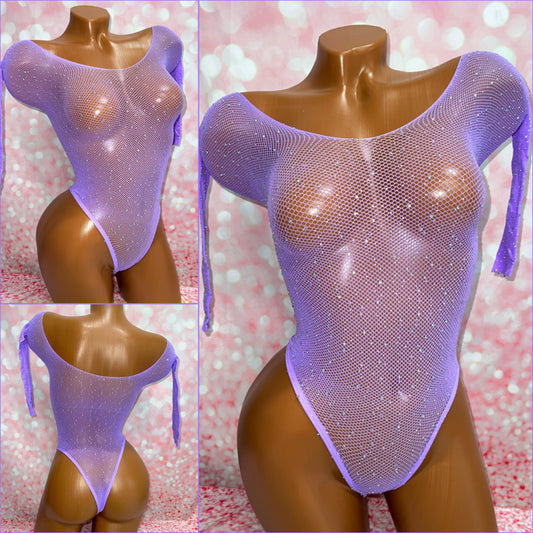 Rhinestone Mesh Bodysuit Light Purple